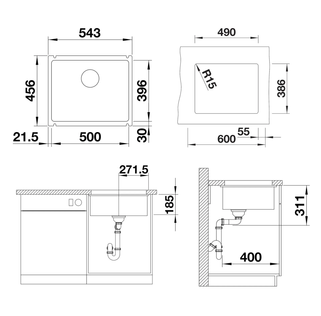 523740 Blanco Subline 500 - Chiuvetă ceramică, 54x46 cm, neagră -  Blanco 523740 imagine 1
