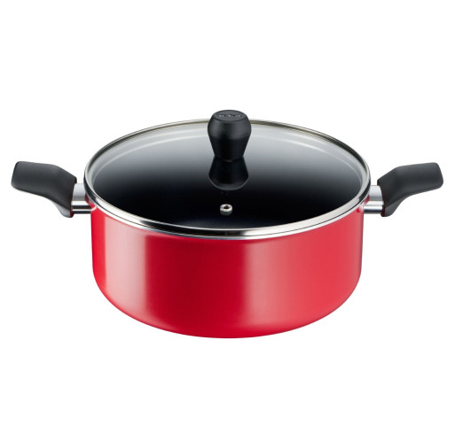 Oala cu capac Tefal Easy Series B5924602, 24 cm, 2.67 L, aluminiu, invelis antiaderent Titanium, indicator Thermo-Signal™, capac din sticla, margini gradate, rosu -  Tefal B5924602 imagine