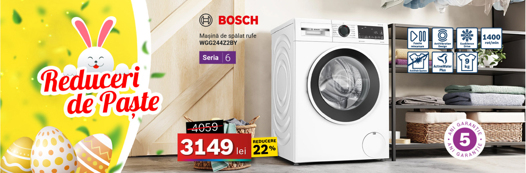 Mașină de spălat Bosch Seria 6, 9 kg,