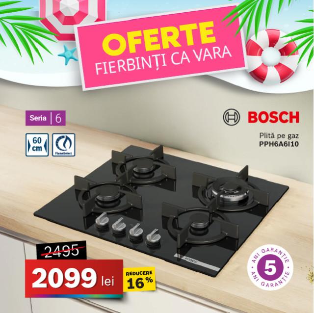 Plită pe gaz Bosch PPH6A6I10, 4 zone, 60 cm, Seria 6