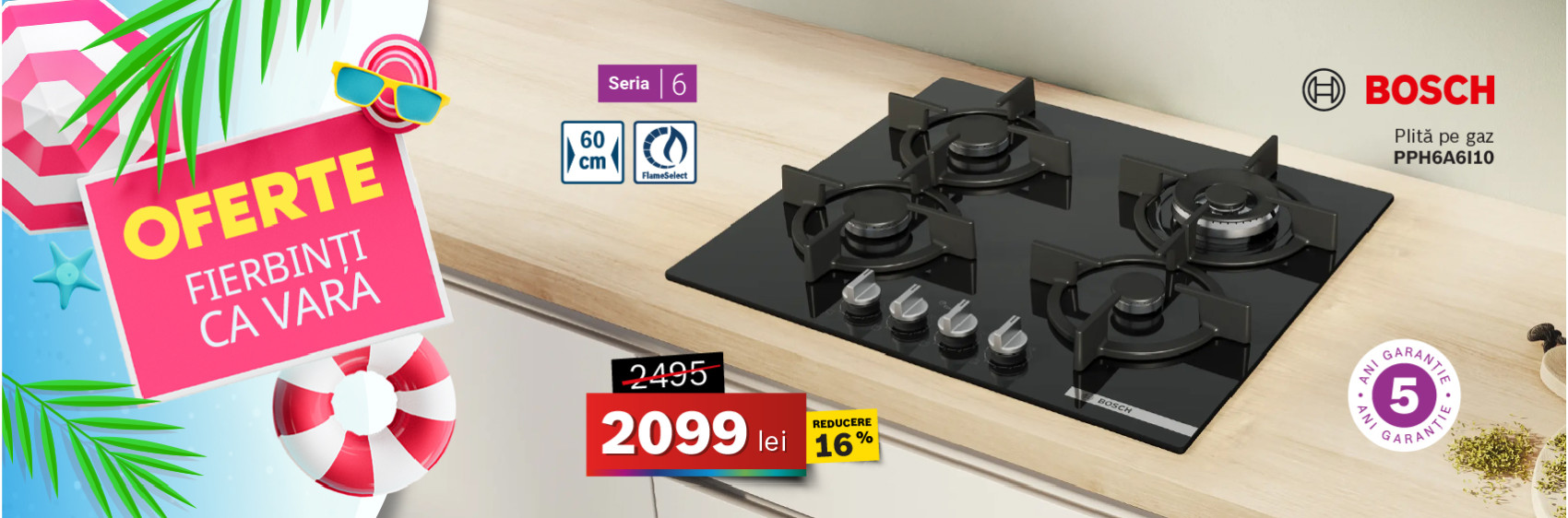 Plită pe gaz Bosch PPH6A6I10, 4 zone, 60 cm, Seria 6