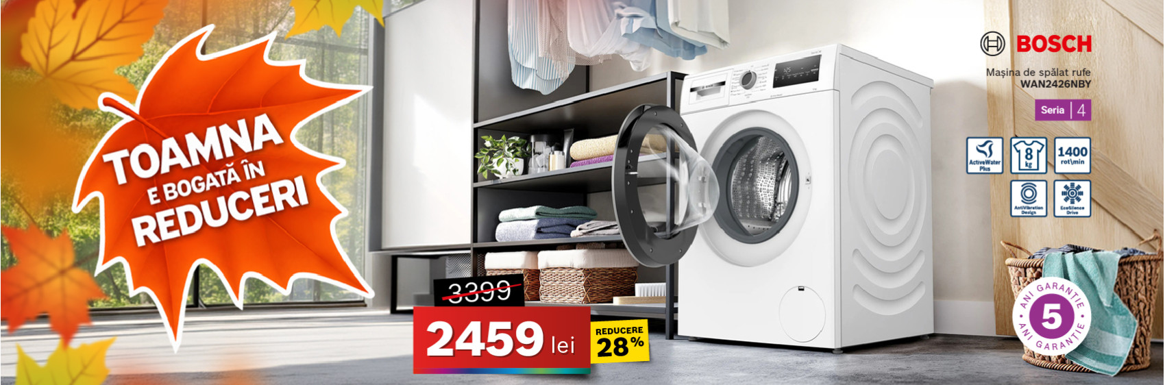 Mașina de spălat rufe Bosch WAN2426NBY, Seria 4, 8 kg