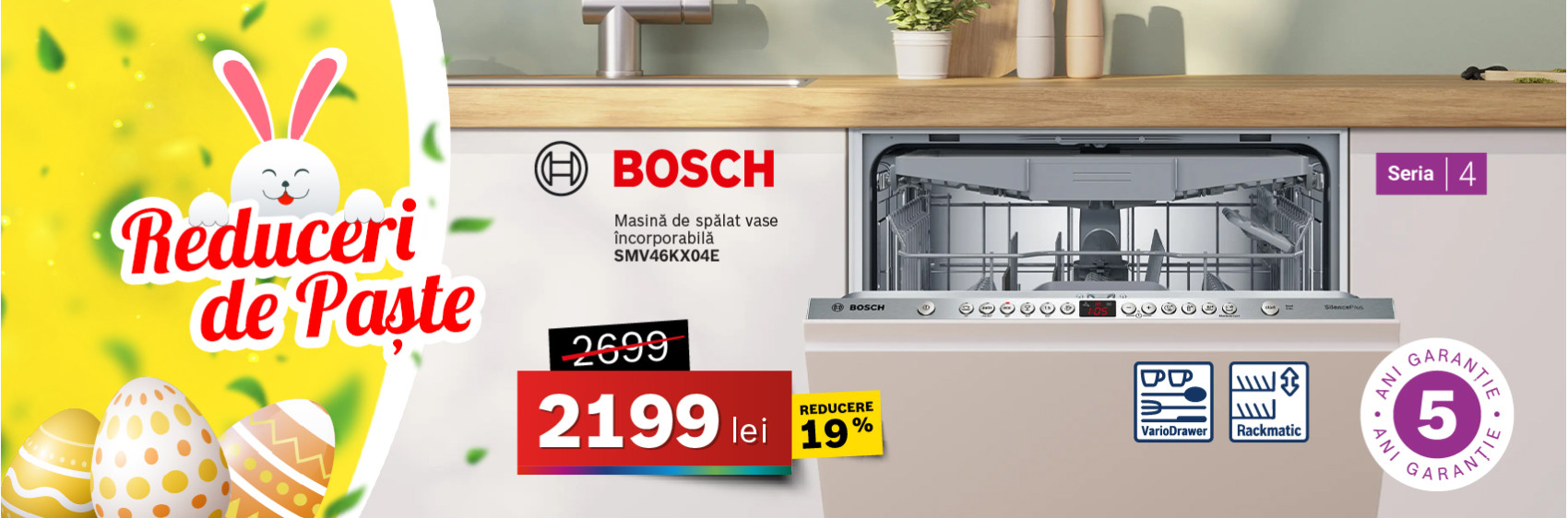 Masină de spălat vase încorporabilă Bosch SMV46KX04E, 13 seturi