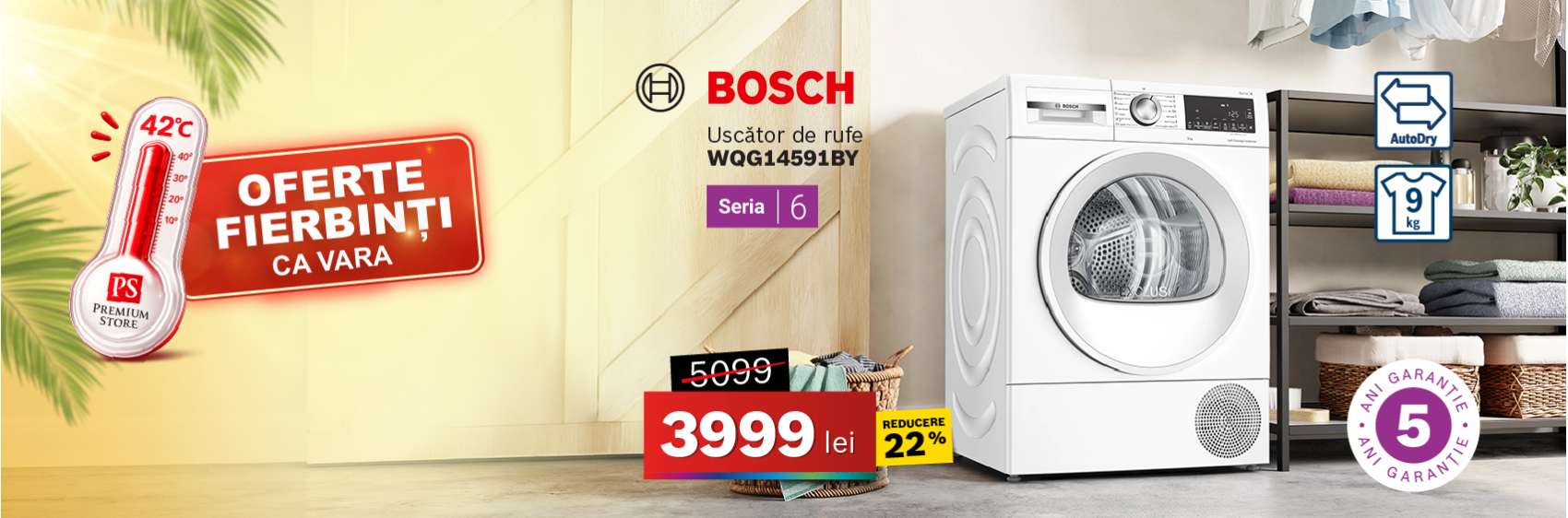 Uscător de rufe BOSCH WQG14591BY, Seria 6, 9 kg