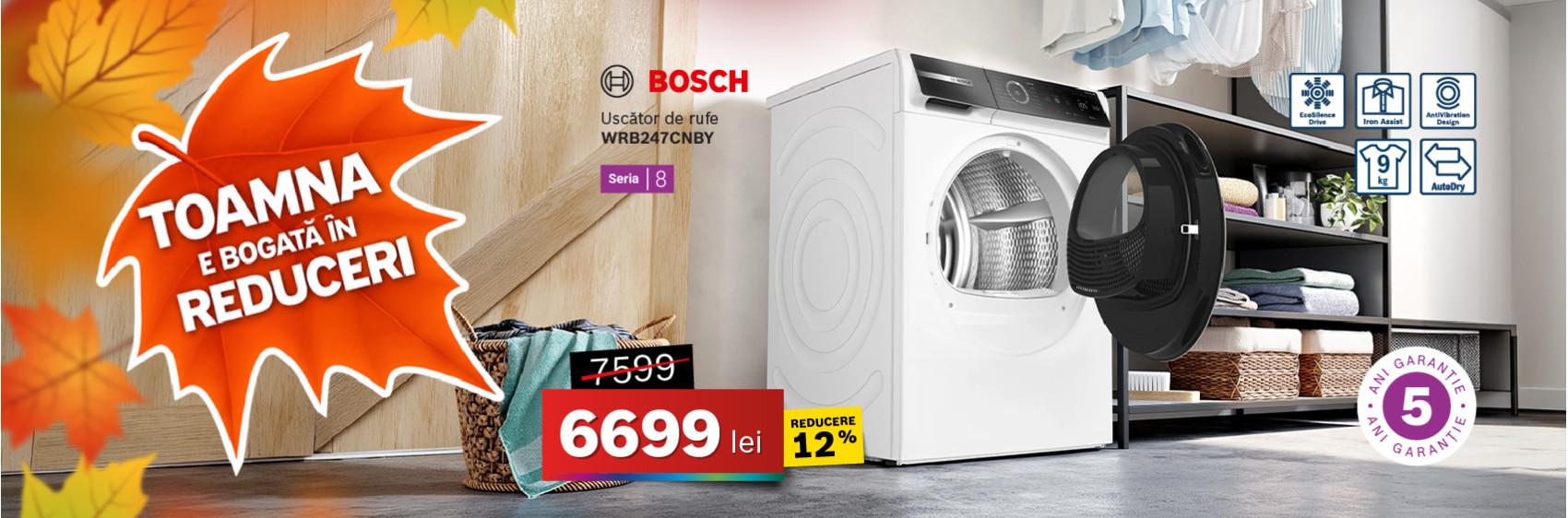 Uscător de rufe Bosch WRB247CNBY, Seria 8, 9 kg