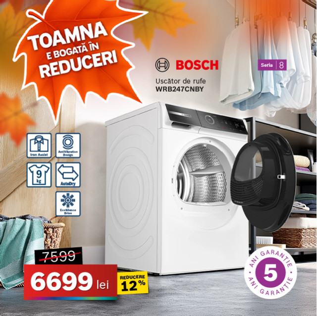 Uscător de rufe Bosch WRB247CNBY, Seria 8, 9 kg