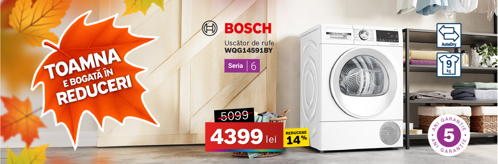 Uscător de rufe Bosch WQG14591BY, Seria 6, 9 kg