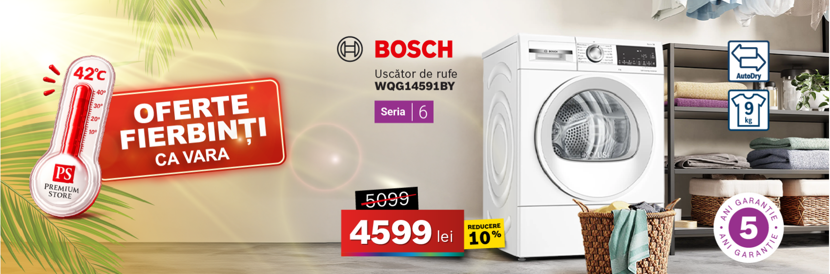 Uscător de rufe BOSCH WQG14591BY, Seria 6, 9 kg