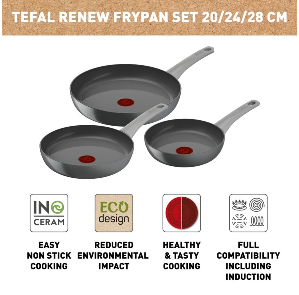 Set de 3 tigai Tefal Renew On C4279132, 20/24/28 cm, 100% aluminiu reciclat, indicator Thermo-Signal, compatibil cu inductia, invelis ceramic, gri -  Tefal C4279132 imagine 1