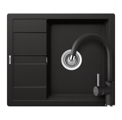 SETRD100PNERO  Chiuveta bucatarie Schock Ronda D-100 Cristalite Nero 580 x 500 mm, granit, reversibila, montare pe blat, negru + Baterie bucatarie Schock Plutos Cristalite Nero, aspect granit, cartus  -  Schock SETRD100PNERO imagine