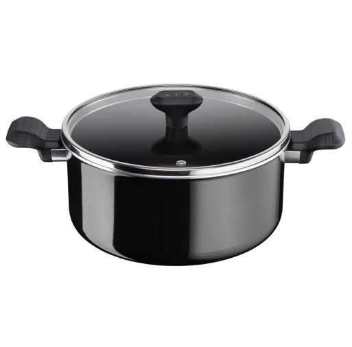 Oala cu capac Tefal So Intensive D5064662, 24 cm, aluminiu, invelis antiaderent Titanium Extra, capac din sticla, exterior emailat, negru -  Tefal D5064662  imagine