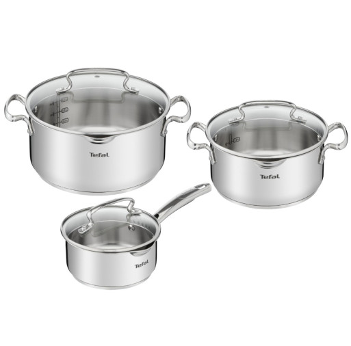 Set de 6 piese Tefal Duetto+ G719S655, oale cu capac de sticla 20 / 24 cm, cratiță cu capac de sticlă 16 cm, inox, inducție, inox, mânere nituite, margini turnare, gradații interioare, argintiu -  Tefal G719S655 imagine