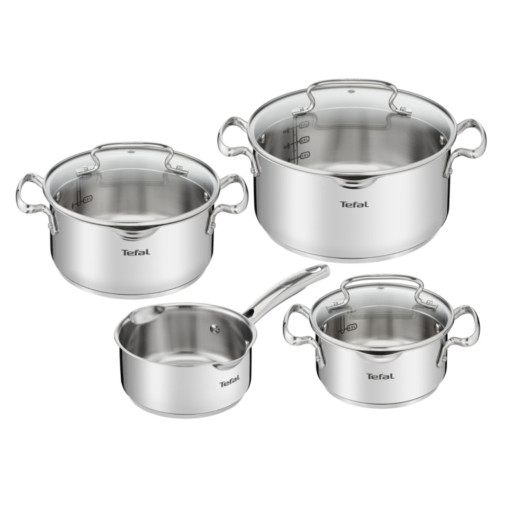 Set de 7 piese Tefal Duetto+ G719S735, oale cu capac de sticlă 16 / 20 / 24 cm, cratiță 16 cm, inducție, inox, mânere nituite, margini turnare, gradații interioare, argintiu -  Tefal G719S735 imagine