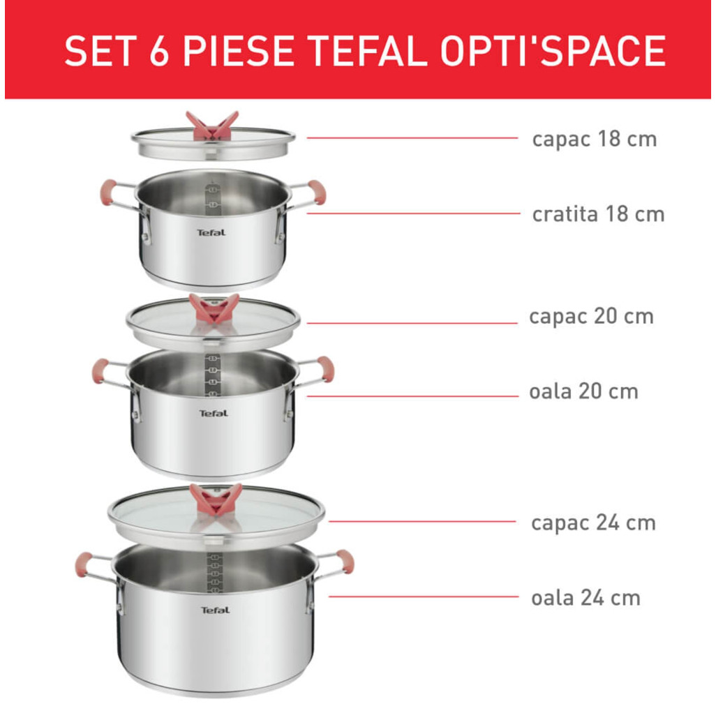 Set 6 piese Tefal Opti'Space G720S674, cratiță 18 cm, oala 20/24 cm, 3 capace de sticlă, oțel inoxidabil, mânere anti-alunecare, inducție -  Tefal G720S674 imagine 1