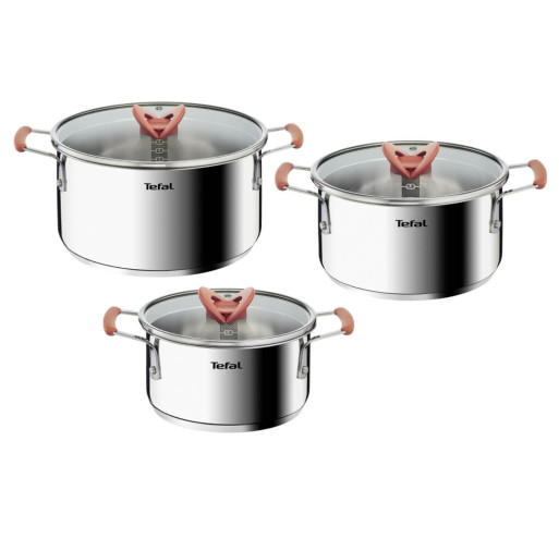 Set 6 piese Tefal Opti'Space G720S674, cratiță 18 cm, oala 20/24 cm, 3 capace de sticlă, oțel inoxidabil, mânere anti-alunecare, inducție -  Tefal G720S674 imagine