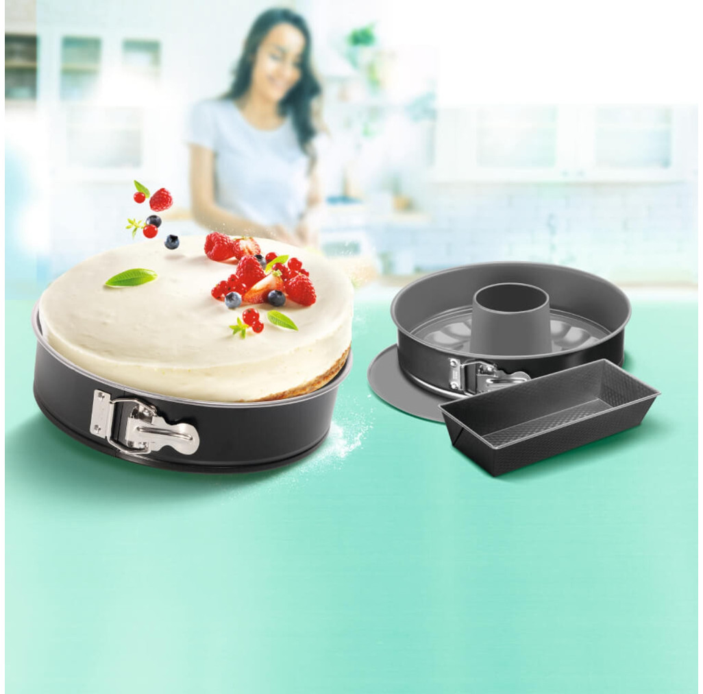 Set 3 piese pentru copt Tefal Easybake J174S274, formă rotundă cu margini detașabile 25 cm, bază pentru savarină, tavă dreptunghiulară 26cm, înveliș antiaderent, gri -  Tefal J174S274 imagine 1