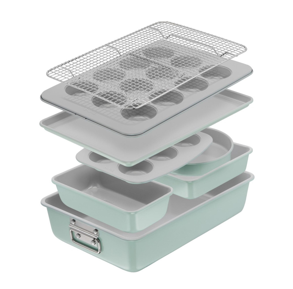 Set pentru copt Tefal Ceramik J175S804, 8 piese, invelis ceramic antiaderent, design stivuibil, verde -  Tefal J175S804 imagine 1