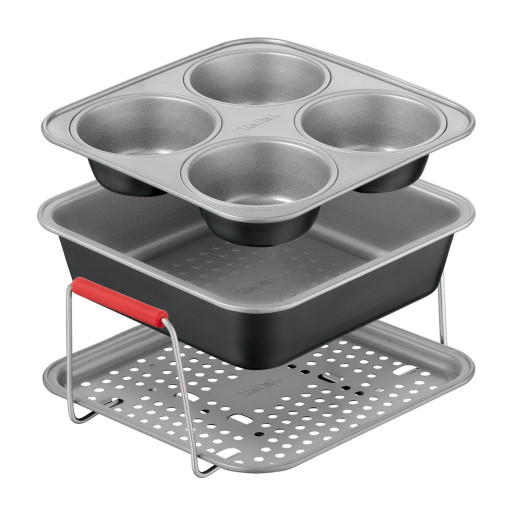 Set de 3 accesorii Tefal Dail'Easy J701S344 pentru friteuze de 4.6 L, invelis antiaderent, otel carbon, tava perforata cu manere si 2 forme, negru & gri -  Tefal J701S344  imagine