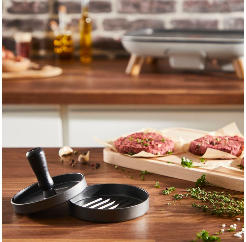 Presă pentru burgeri Tefal K1851134, 12 cm, acoperire antiaderentă, crestături pentru formare uniformă, compatibilă cu mașina de spălat vase, gri & negru -  Tefal K1851134 imagine 1
