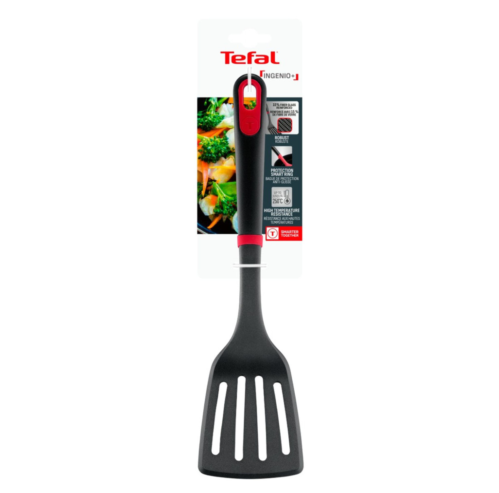Spatula cu fante Tefal Ingenio+ K1984634, rezistenta la temperaturi inalte, compatibilitate cu masina de spalat vase, plastic, negru & rosu -  Tefal K1984634 imagine 1