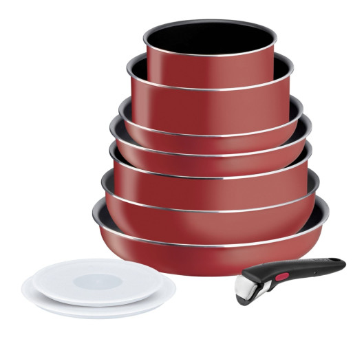 Set 10 piese Tefal Ingenio Easy Cook & Clean L1529402, cratita 16 / 20 cm, tigaie 22 / 24 / 28 cm, tigaie saute 24 cm, wok 26 cm, 2 capace ermetice 16 / 20 cm, 1 maner detasatbil, rosu Set 10 piese T -  Tefal L1529402 imagine
