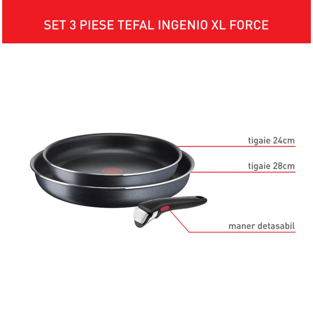 Set de 3 piese Ingenio XL Force L1589132, tigaie 24/28 cm, mâner detașabil, înveliș antiaderent, Thermo-Signal -  Tefal L1589132 imagine 1