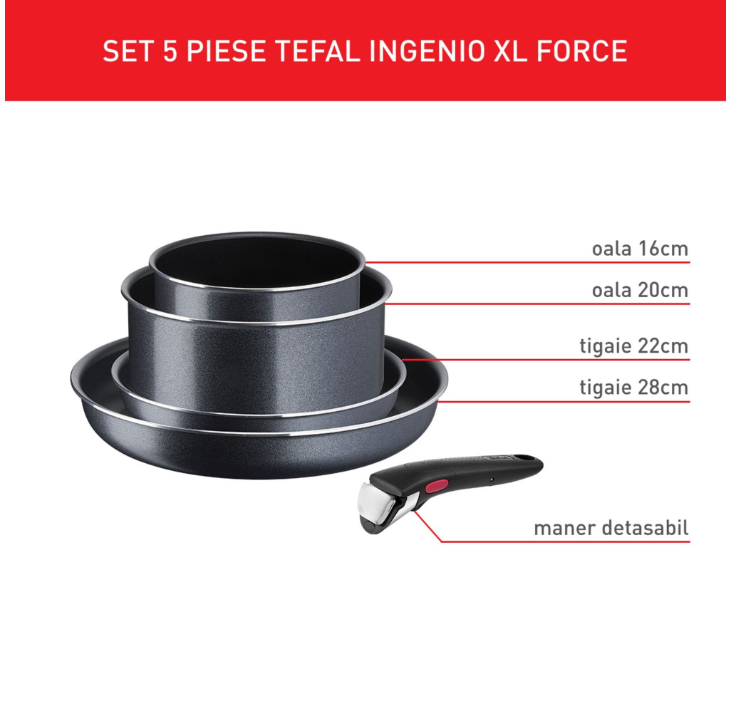 Set de 5 piese Tefal Ingenio XL Force L1589502, oală 16/20 cm, tigaie 22/28 cm, mâner detașabil, înveliș antiaderent, indicator Thermo-Signal -  Tefal L1589502 imagine 1