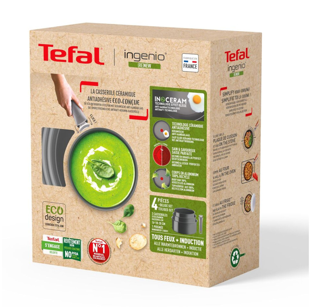 Set 4 piese Tefal Ingenio Renew L2609402, oale 16 / 18 / 20 cm, mâner detașabil, inducție, înveliș antiaderent ceramic, 100% aluminiu reciclat, gri -  Tefal L2609402 imagine 1