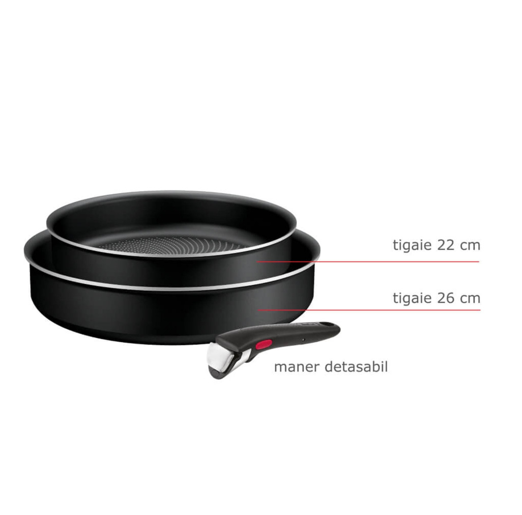 Set de 3 piese Tefal Ingenio Generous Cook L3129053, tigaie de 22/26 cm, mâner detașabil, indicator Thermo Signal, înveliș antiaderent Titanium -  Tefal L3129053 imagine 1