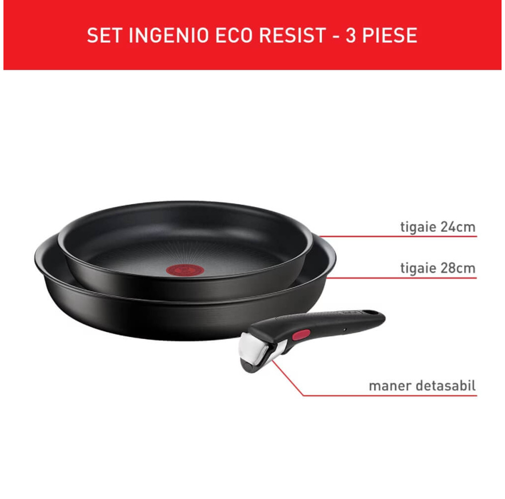 Set de 3 piese Tefal Ingenio Eco Resist L3979102, tigaie de 24/28 cm, mâner detașabil, înveliș antiaderent Titanium Anti-Scratch, indicator Thermo-Signal™, compatibil cu inducția -  Tefal L3979102 imagine 1