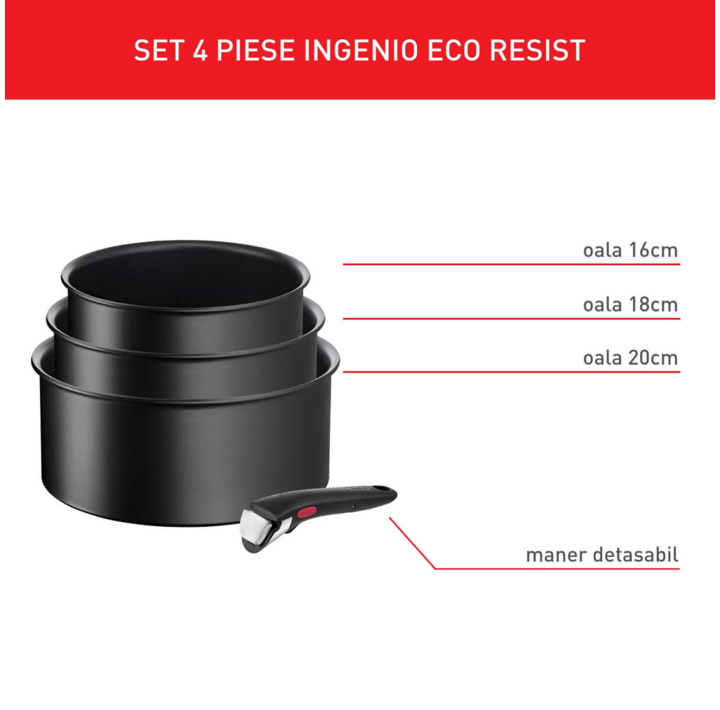 Set de 4 piese Tefal Ingenio Eco Resist L3979202, cratiță de 16/18/20 cm, mâner detașabil, indicator Thermo-Signal, compatibil cu inducția, înveliș antiaderent, negru -  Tefal L3979202 imagine 1