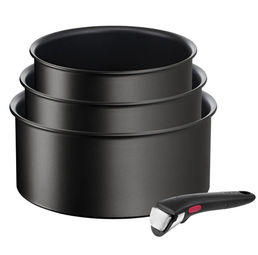 Set de 4 piese Tefal Ingenio Eco Resist L3979202, cratiță de 16/18/20 cm, mâner detașabil, indicator Thermo-Signal, compatibil cu inducția, înveliș antiaderent, negru -  Tefal L3979202 imagine