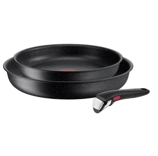 Set de 3 piese Tefal Ingenio Black Stone L3999032, tigaie de 24/28 cm, mâner detașabil, înveliș antiaderent Mineralia+, indicator Thermo-Signal, compatibil cu inducția, negru -  Tefal L3999032  imagine