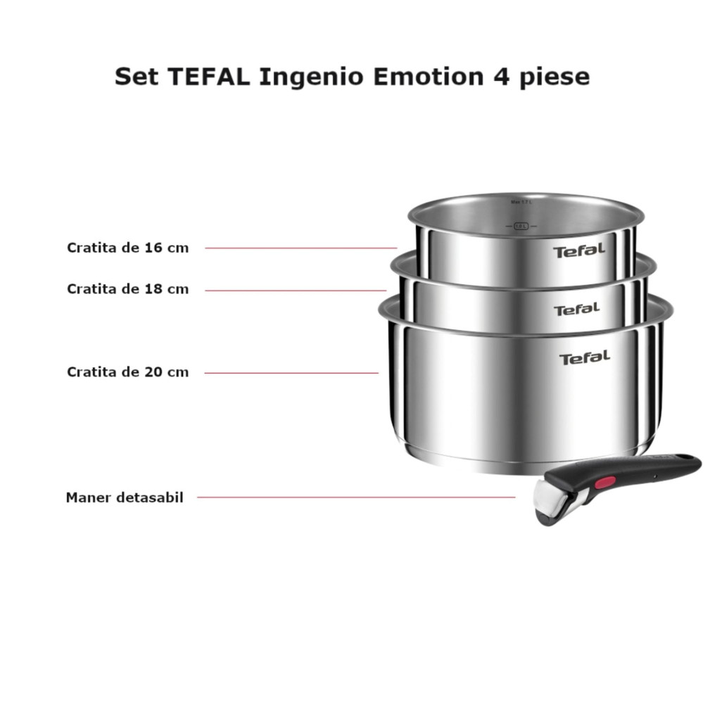 Set 4 piese Tefal Ingenio Emotion L8964S55, oale de 16 / 18 / 20 cm, maner detasabil rezistent, inductie, argintiu -  Tefal L8964S55 imagine 1