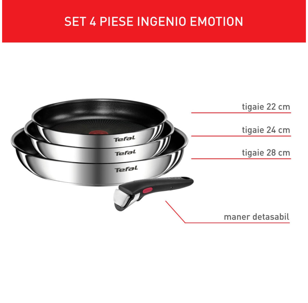 Set 4 piese Tefal Ingenio Emotion L897S455, tigaie de 22/24/28 cm, mâner detașabil, înveliș antiaderent, Thermo-Signal, inducție, argintiu -  Tefal L897S455 imagine 1