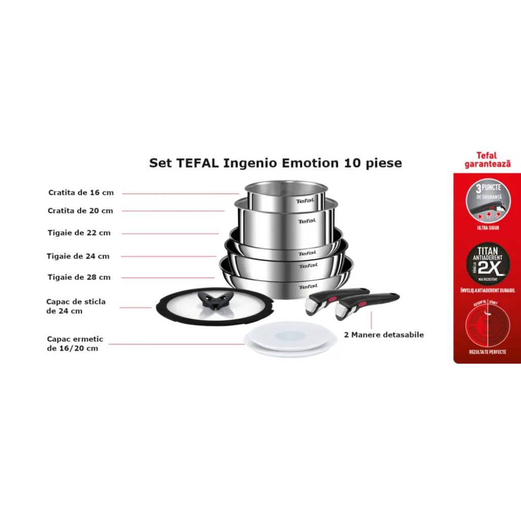 Set de 10 piese Ingenio Emotion L897SA74, (tigaie, cratita, craticioara, 2 capace ermetice, 2 manere detasabile, 1 capac sticla) înveliș antiaderent, inox de înaltă calitate -  Tefal L897SA74 imagine 1