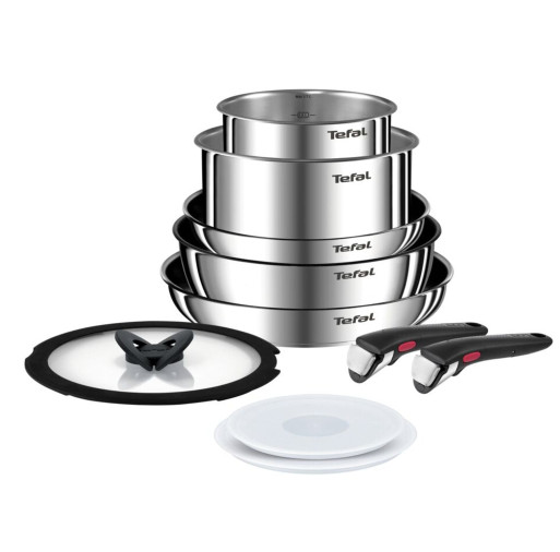 Set de 10 piese Ingenio Emotion L897SA74, (tigaie, cratita, craticioara, 2 capace ermetice, 2 manere detasabile, 1 capac sticla) înveliș antiaderent, inox de înaltă calitate -  Tefal L897SA74 imagine