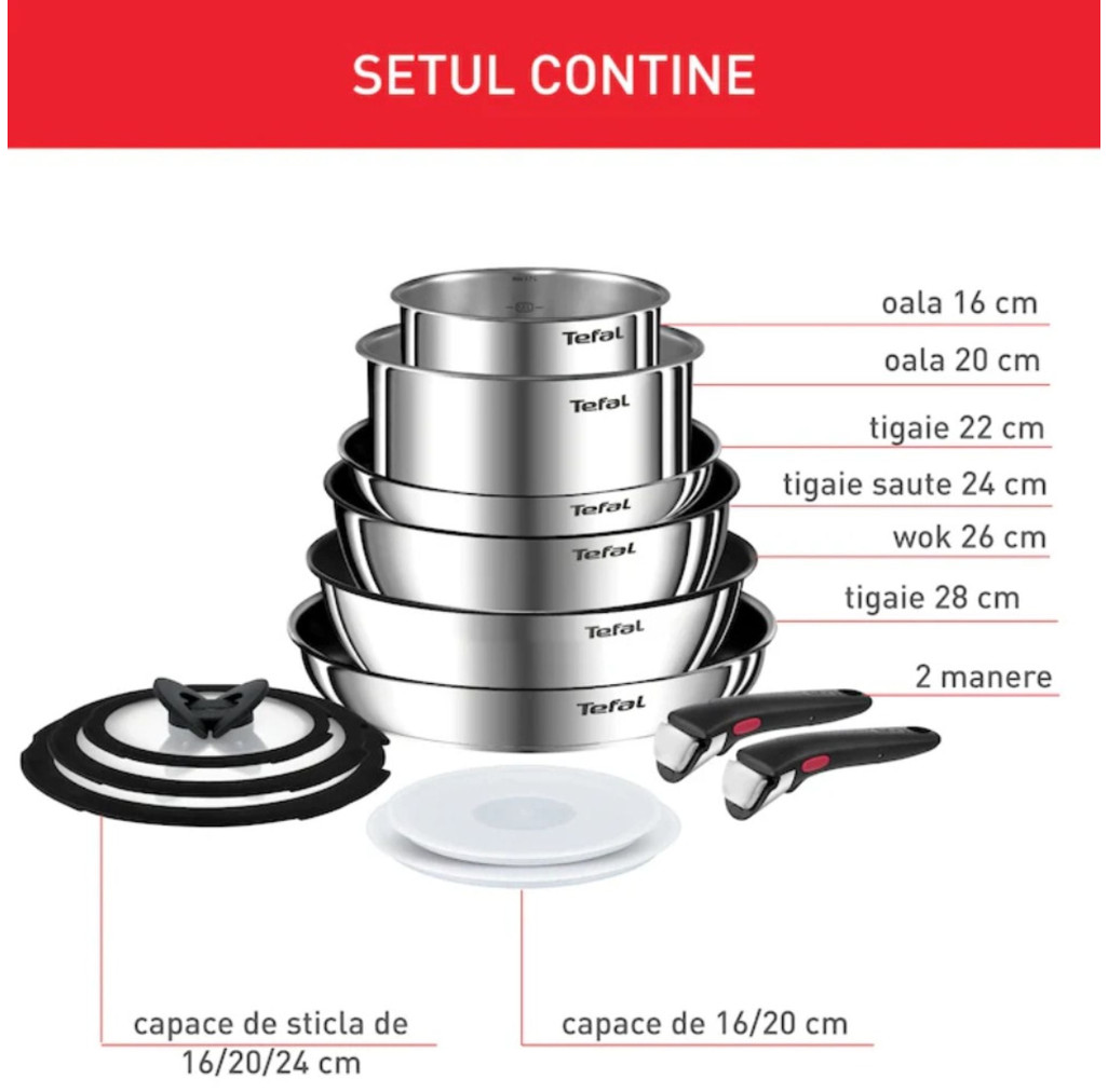 Set 13 piese Tefal Ingenio Emotion L897SD74, oala 16 / 20 cm, tigaie 22 / 24 / 28 cm, wok 26 cm, 2 manere detasabile, capace sticla 16 / 20 / 24 cm, capace ermetice 16 / 20 cm, invelis antiaderent, in -  Tefal L897SD74 imagine 1