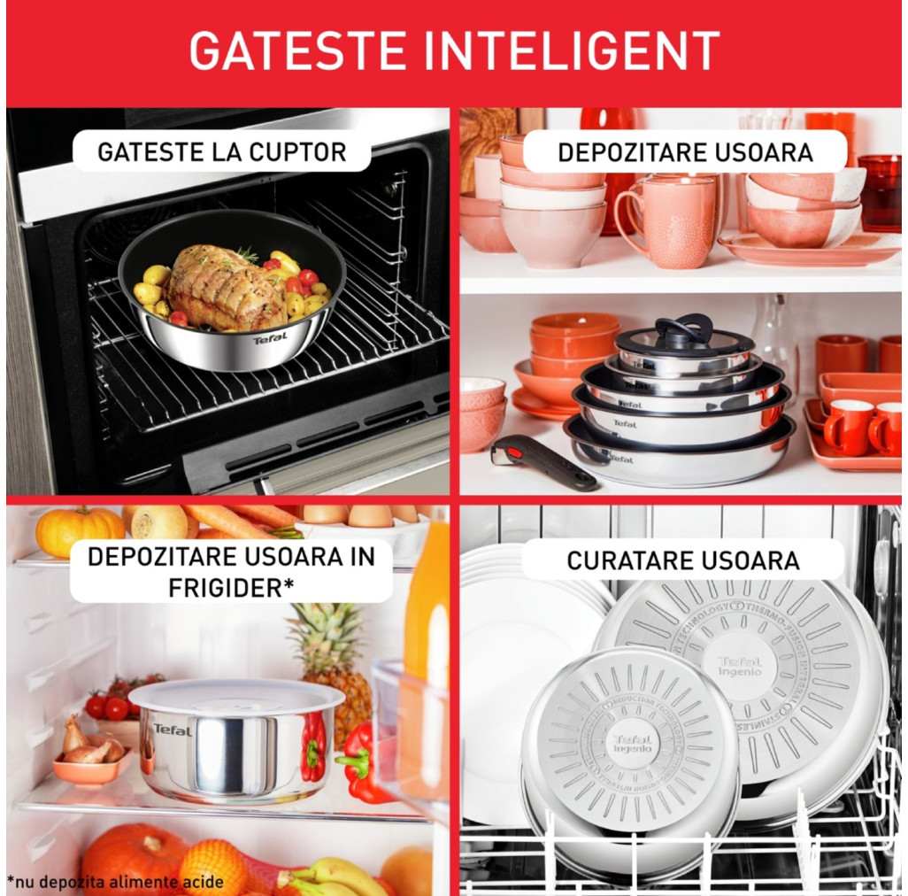 Set 13 piese Tefal Ingenio Emotion L897SD74, oala 16 / 20 cm, tigaie 22 / 24 / 28 cm, wok 26 cm, 2 manere detasabile, capace sticla 16 / 20 / 24 cm, capace ermetice 16 / 20 cm, invelis antiaderent, in -  Tefal L897SD74 imagine 1