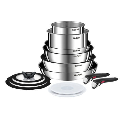 Set 13 piese Tefal Ingenio Emotion L897SD74, oala 16 / 20 cm, tigaie 22 / 24 / 28 cm, wok 26 cm, 2 manere detasabile, capace sticla 16 / 20 / 24 cm, capace ermetice 16 / 20 cm, invelis antiaderent, in -  Tefal L897SD74 imagine