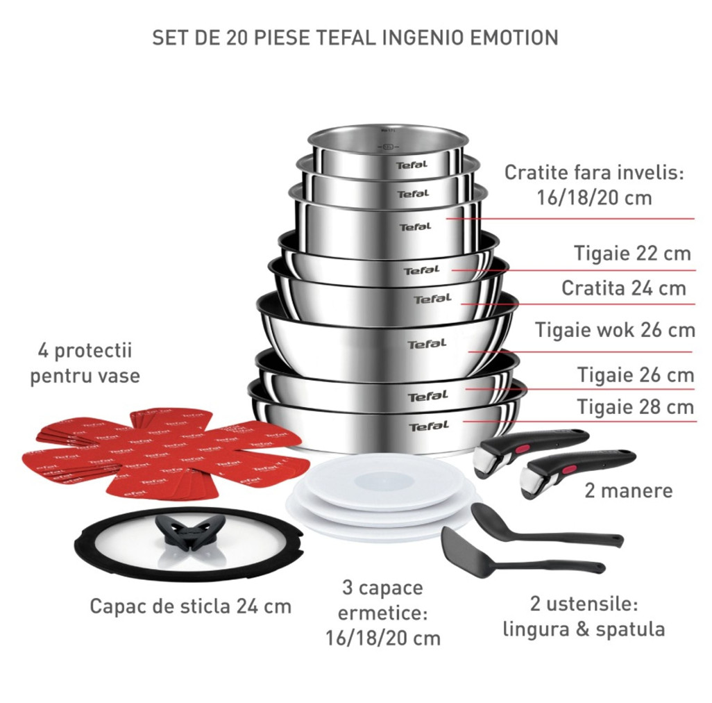 Set 20 piese Tefal Ingenio Emotion L897SJ04, oala 16 / 18 / 20 cm, cratita 24 cm, tigaie 22 / 26 / 28 cm, wok 26 cm, 2 manere detașabile, 2 spatule, 3 capace ermetice 16 / 18 / 20 cm, capac sticla 24 -  Tefal L897SJ04 imagine 1
