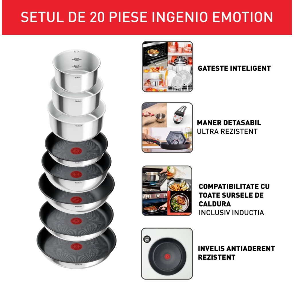 Set 20 piese Tefal Ingenio Emotion L897SJ04, oala 16 / 18 / 20 cm, cratita 24 cm, tigaie 22 / 26 / 28 cm, wok 26 cm, 2 manere detașabile, 2 spatule, 3 capace ermetice 16 / 18 / 20 cm, capac sticla 24 -  Tefal L897SJ04 imagine 1