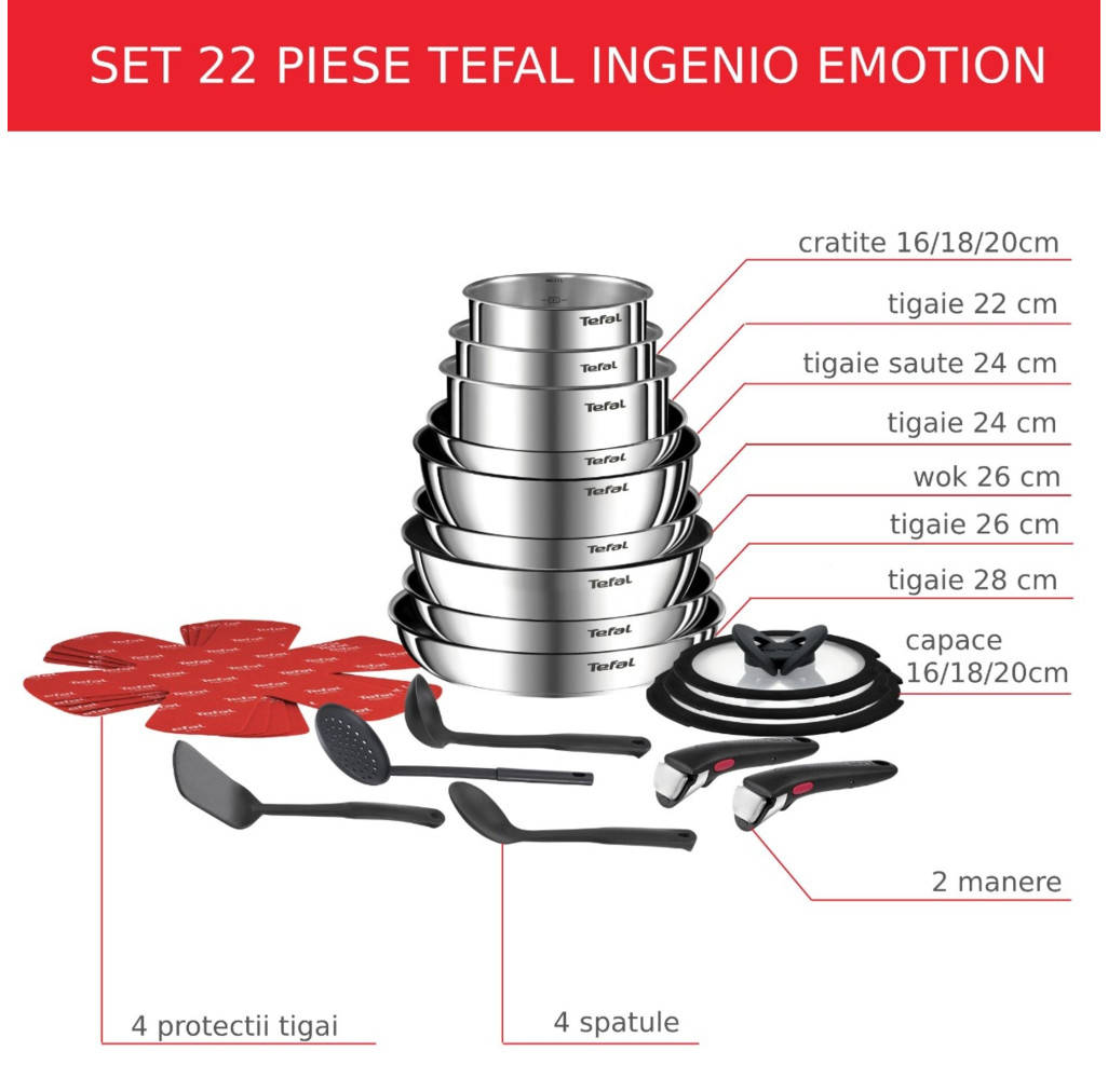 Set 22 piese Tefal Ingenio Emotion L897SM74, cratițe 16/18/20 cm, tigăi 22/24/26/28 cm, tigaie saute 24 cm, wok 26 cm, capace 16/18/20 cm, 2 mânere, 4 spatule, 4 protecții tigăi, argintiu -  Tefal L897SM74 imagine 1