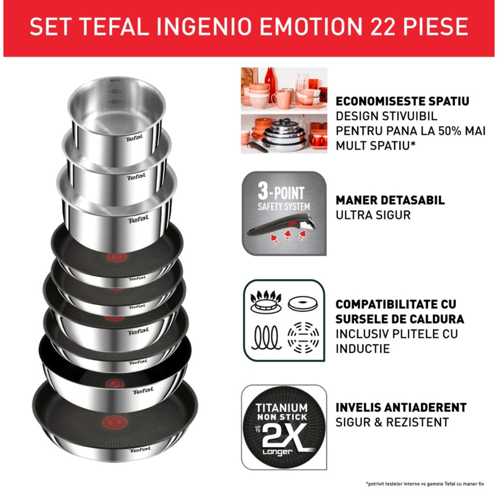 Set 22 piese Tefal Ingenio Emotion L897SM74, cratițe 16/18/20 cm, tigăi 22/24/26/28 cm, tigaie saute 24 cm, wok 26 cm, capace 16/18/20 cm, 2 mânere, 4 spatule, 4 protecții tigăi, argintiu -  Tefal L897SM74 imagine 1