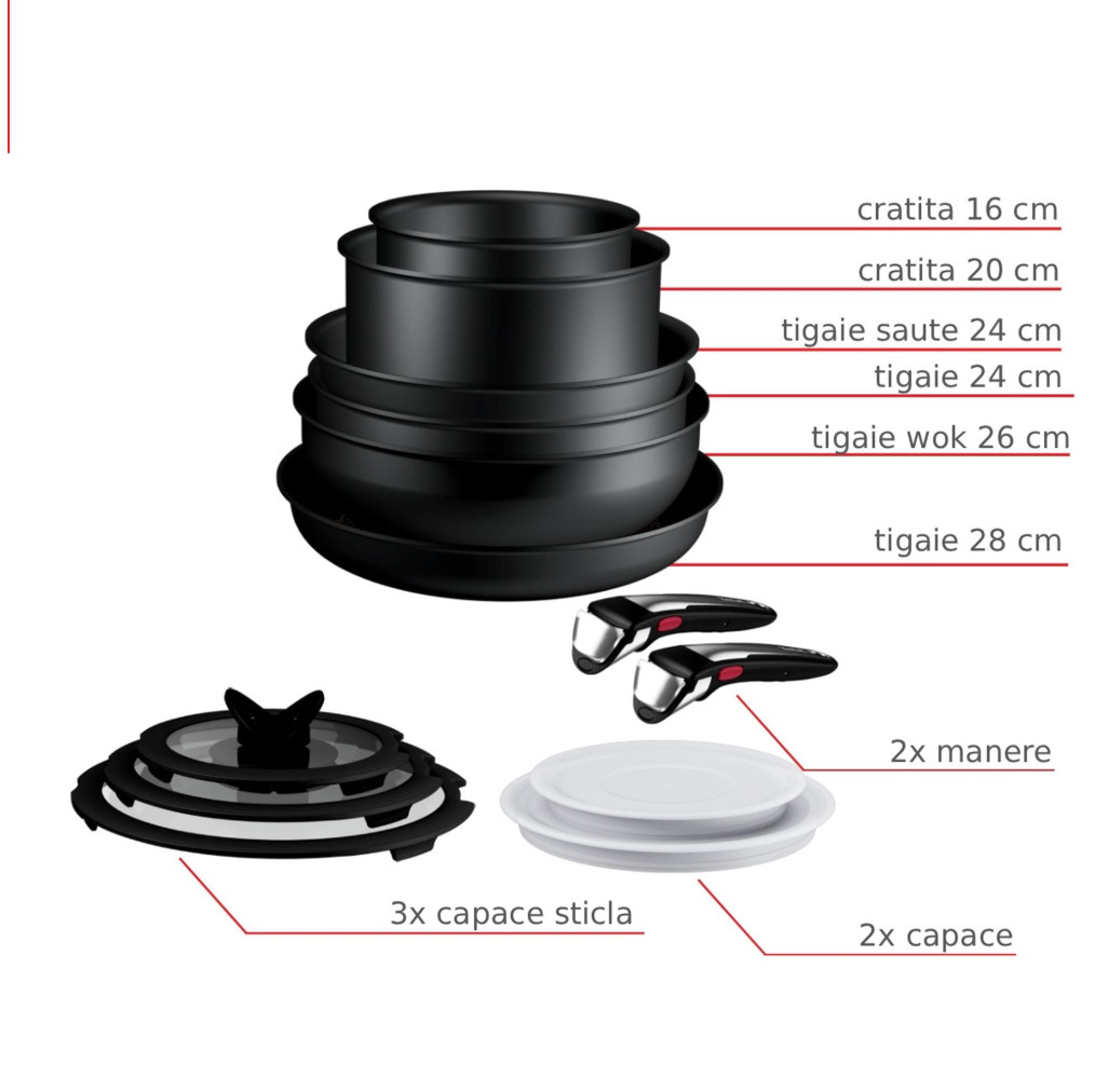Set 13 piese Tefal Ingenio Excellence+ P0009753, tigaie de 24/28 cm, wok 26 cm, tigaie saute 24 cm, cratita 16/20 cm, capac ermetic 16/20 cm, capac sticla 16/20/24 cm, 2 manere detasabile, tehnologie  -  Tefal P0009753 imagine 1