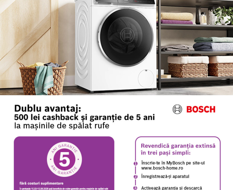 Cash-back 500 de lei + garantie extinsa la masinile de spalat rufe