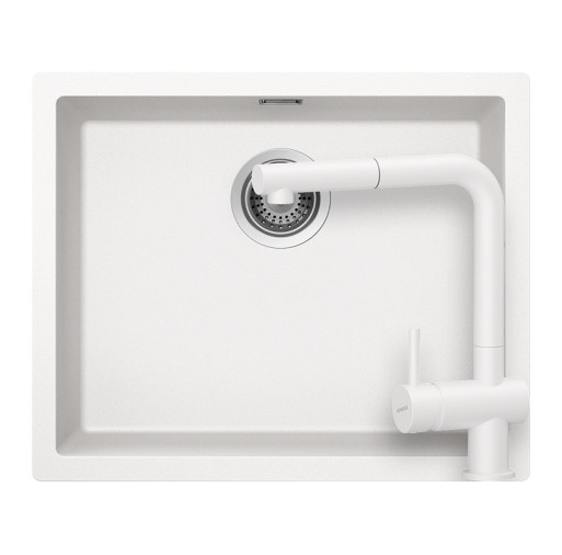 SETKN100LEEXPOLA Set chiuveta bucatarie Schock Kaia N-100L 556 x 456 mm si baterie bucatarie Schock Epos Cristadur Polaris cu cap extractibil, alb polar -  Schock SETKN100LEEXPOLA imagine