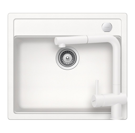SETMN100EEXPOLA Set chiuveta bucatarie Schock Mono N-100 570 x 510 mm si baterie bucatarie Schock Epos Cristadur Polaris cu cap extractibil, alb polar -  Schock SETMN100EEXPOLA imagine