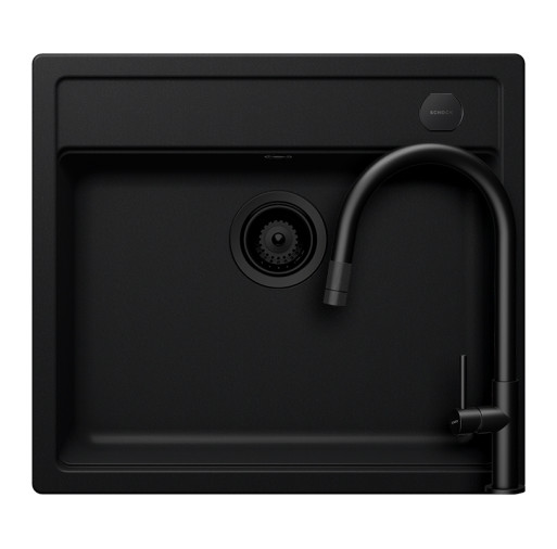 SETMN100PUTENEG Set chiuveta bucatarie Schock Mono N-100 570 x 510 mm Cristadur Puro, negru intens cu parti vizibile si baterie bucatarie Schock Talia cu cap extractibil negru -  Schock SETMN100PUTENEG imagine