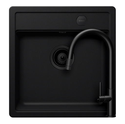 SETMN100SPUTENEG Set chiuveta bucatarie Schock Mono N-100S 490 x 510 mm Cristadur Puro, negru intens cu parti vizibile si baterie bucatarie Schock Talia cu cap extractibil negru -  Schock SETMN100SPUTENEG imagine
